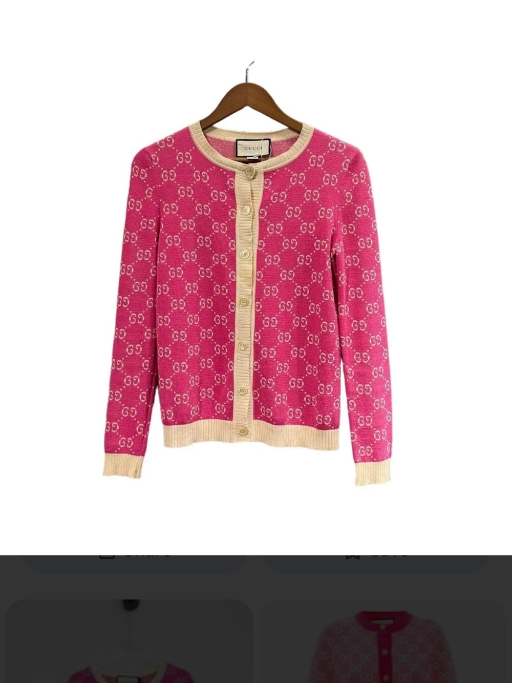 AUTHENTIC WOMENS GUCCI GG MONOGRAM CARDIGAN, SIZE SMALL, PINK/CREAM